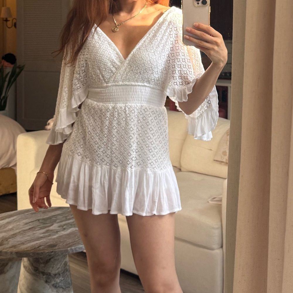 White Boho crochet Lace Ruffle Sleeve Romper XS